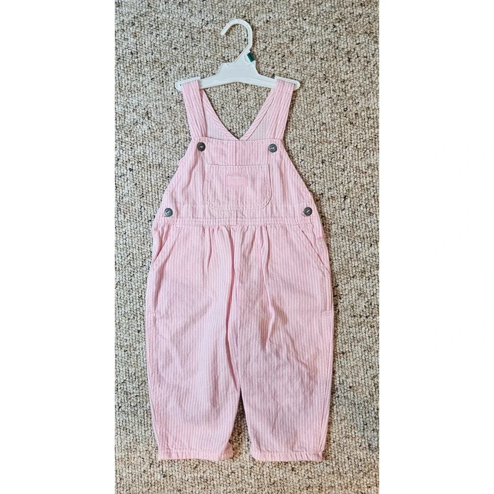 OshKosh Bgosh Pink White Hickory Stripe Bib Overalls Vintage Style Dungarees 18M